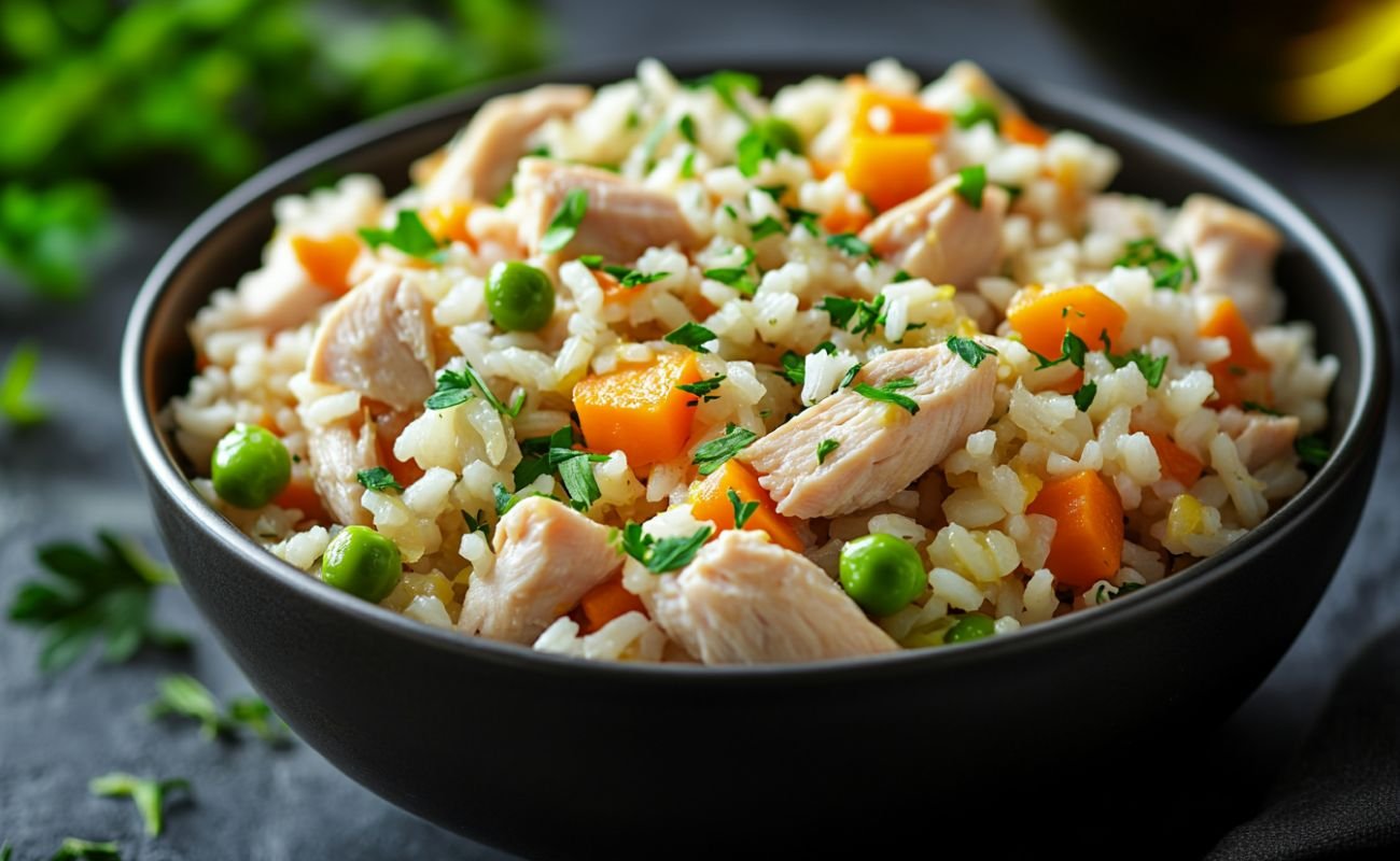 Image showcasing Dog Food Recipe: Chicken & Rice With Carrots, Peas & Pumpkin