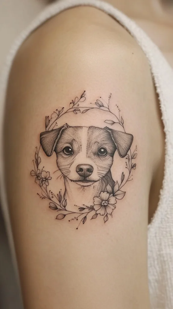 Simple Dog Face with Floral Wreath