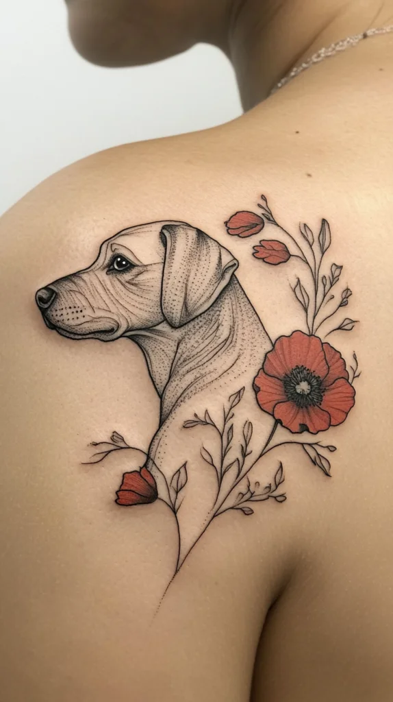 Simple Dog Outline with Poppy Flowers