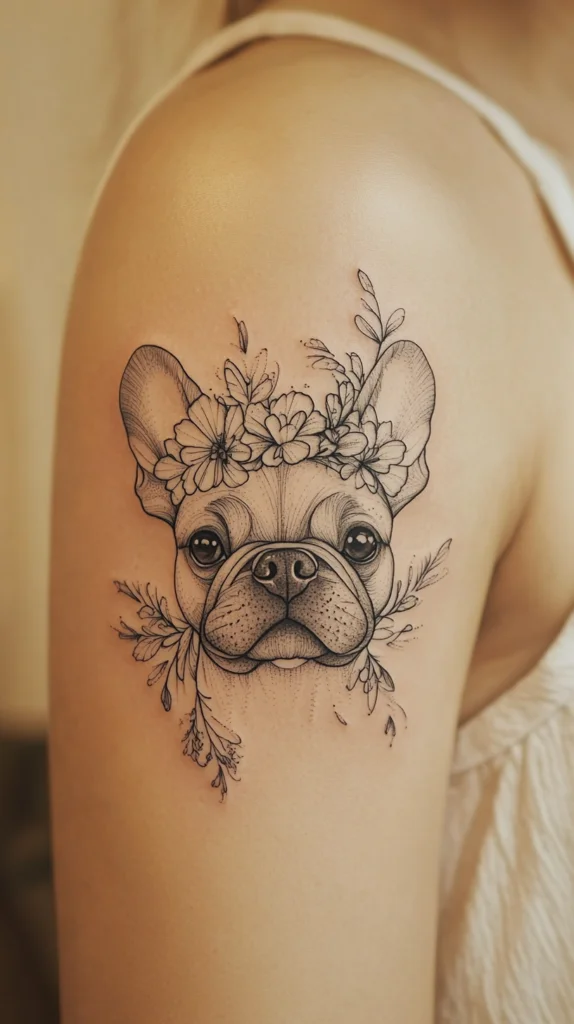 Line Art Dog with Flower Crown