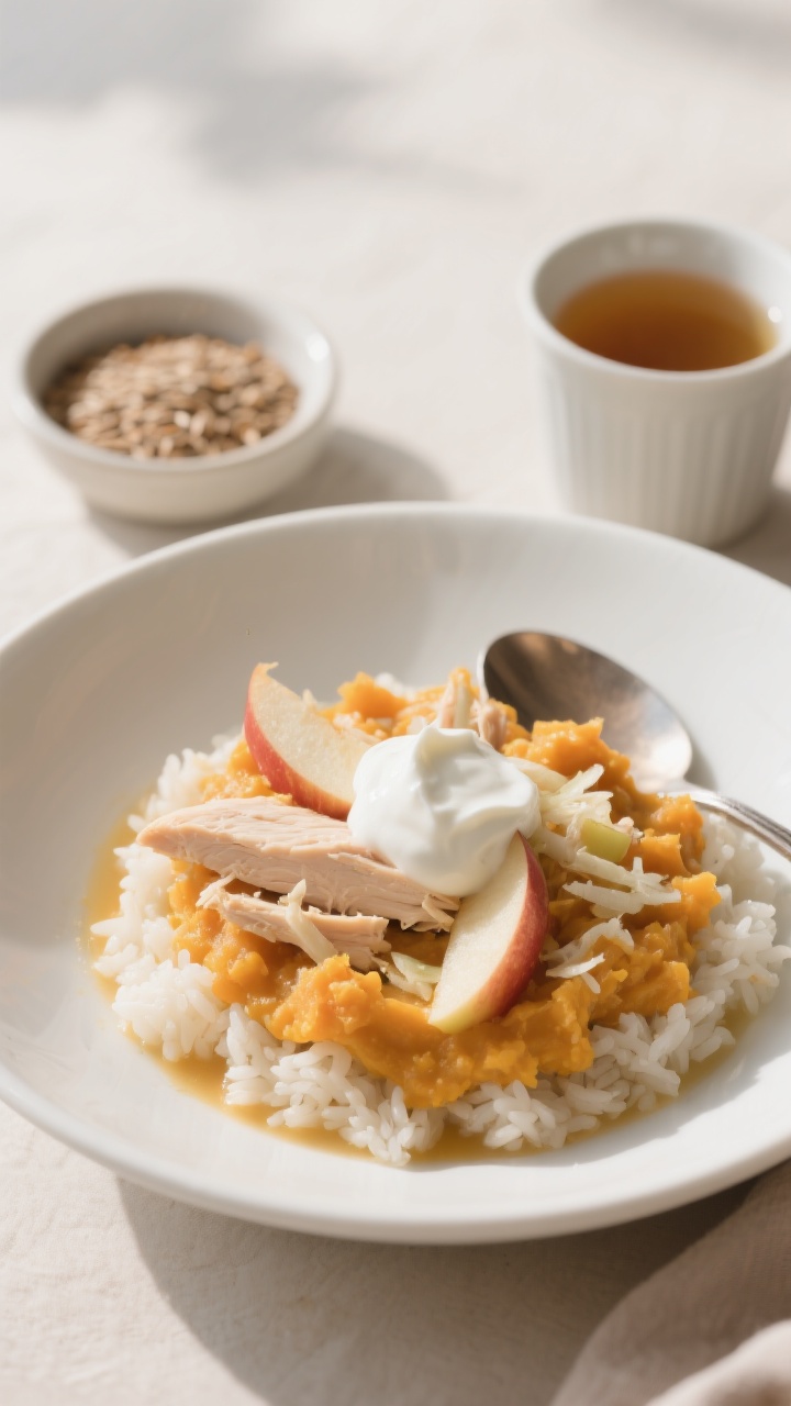 45-degree angle, plated Comforting Pumpkin-Apple Chicken Mash in a shallow white bowl: soft, spoonable mash showing shreds of plain cooked chicken breast folded into pumpkin purée, finely grated apple, and tender white rice. A dollop sheen from plain Greek yogurt and a splash of warm broth worked in for a silky consistency. Neutral backdrop, soft morning light, minimal styling—small bowl of ground flaxseed and a cup of low-sodium broth in frame. Focus on gentle, bland, easy-on-the-stomach texture.