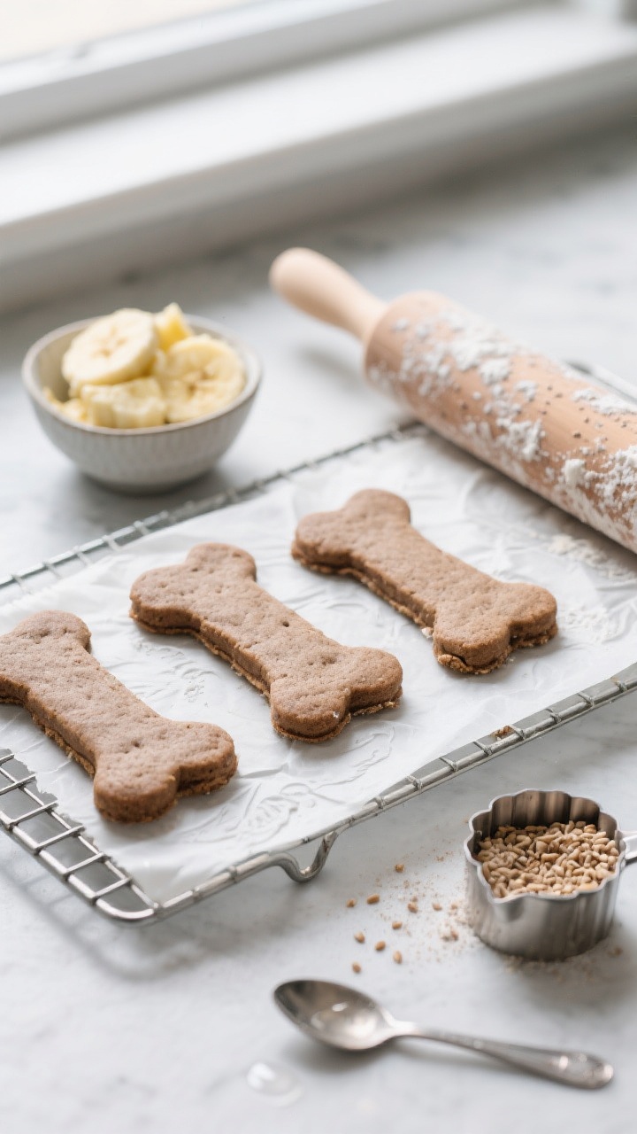 45-degree angle shot of Three-Ingredient Banana Buckwheat Bones on a wire rack: bone-shaped biscuits baked to a matte, earthy brown, edges firm and dry; a rolling pin dusted with buckwheat flour, parchment with faint dough impressions, and a metal bone cutter nearby. Include a small bowl of mashed ripe banana, a measuring cup of buckwheat flour, and a spoon with a drip of water to suggest the simple dough. Clean, minimalist styling, cool-toned background, natural window light emphasizing the grainy buckwheat texture and satisfying chew.