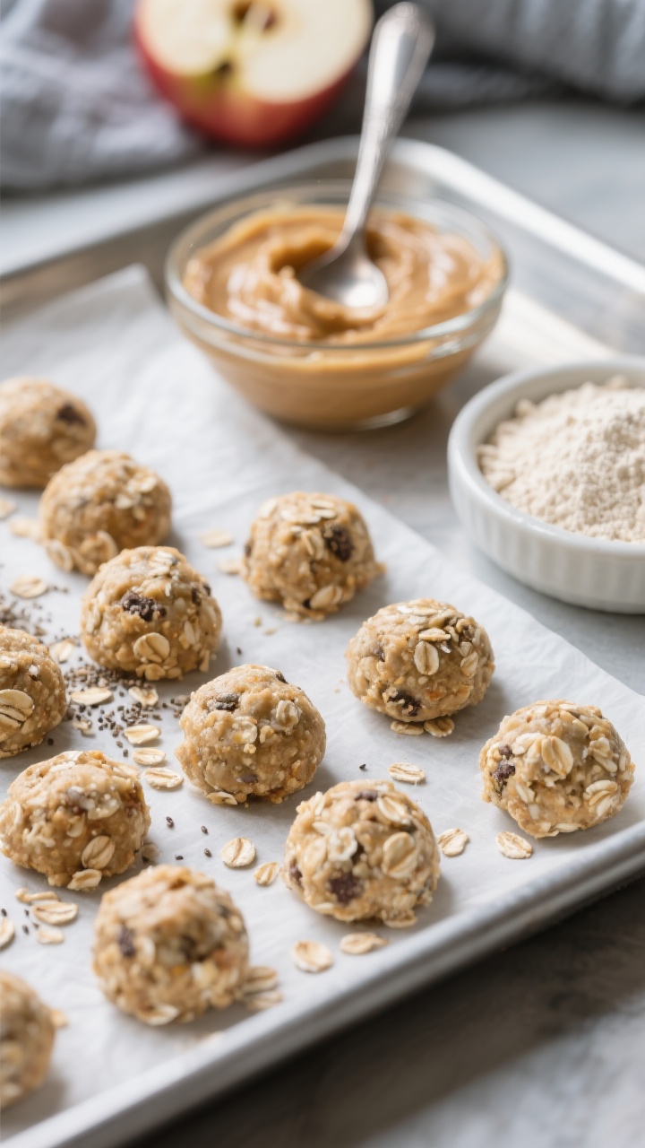 45-degree close-up of no-bake apple oat nibbles set on a lined tray: soft, 3/4-inch round bites with visible quick oats and specks of ground flaxseed; a small glass bowl with creamy applesauce-peanut butter mixture in the background and a spoon with a smear; a little dish of oat flour to the side; cool fridge-ready vibe with gentle, diffused light highlighting their tender texture.