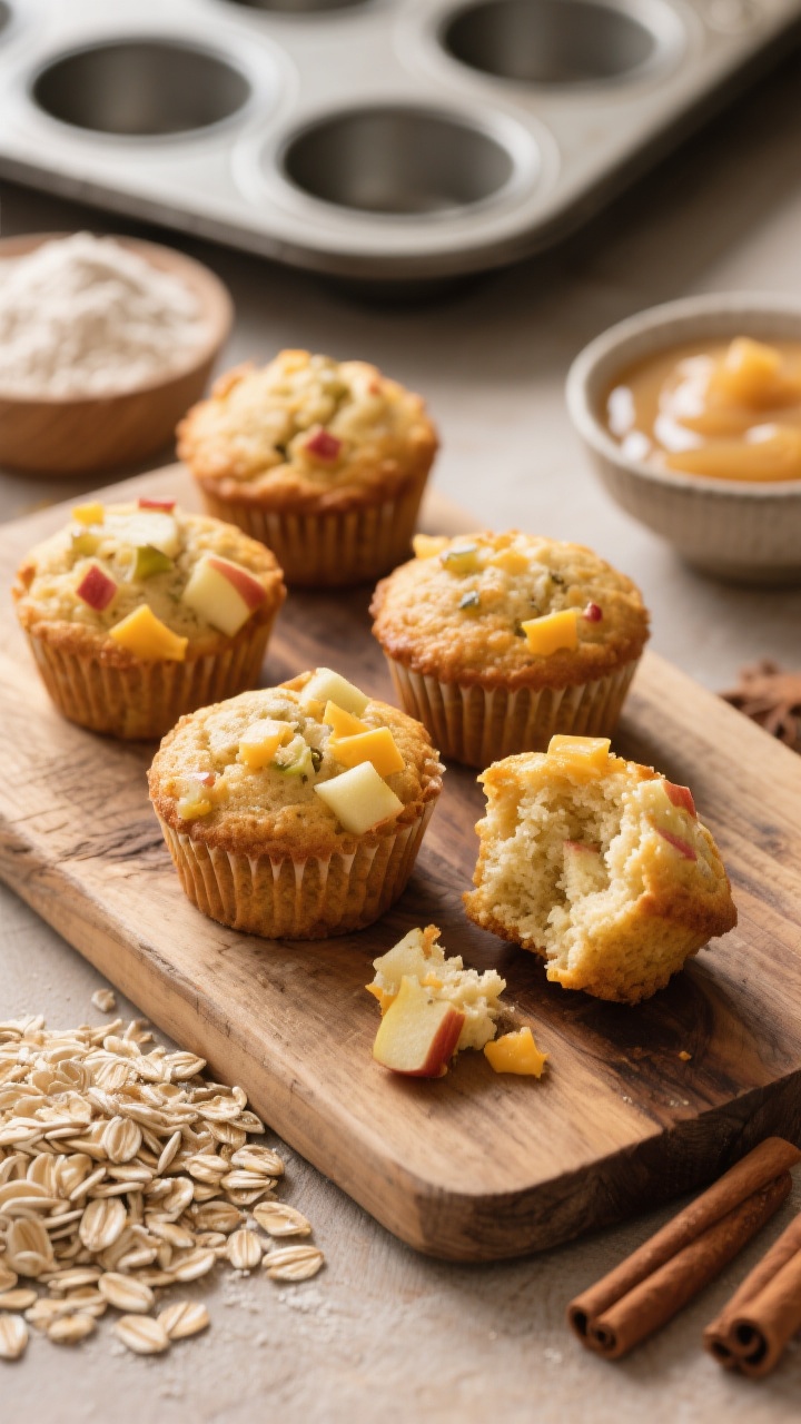45-degree plated presentation of mini apple cheddar pup muffins on a rustic wooden board: bite-size muffins with a golden top, visible flecks of mild cheddar and fine apple dice; one muffin torn open to show soft crumb; ingredients nearby in small props—whole wheat flour, rolled oats, cinnamon, and a bowl of unsweetened applesauce; warm brunch mood, soft morning light, mini muffin pan tucked in the background.