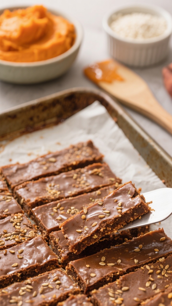 Close-up macro of Apple Sweet Potato Chewies being lifted from a scored slab: soft, glossy strips with a tender, brownie-batter-like crumb and gently dried surface; visible flecks from ground flaxseed. In the background, a parchment-lined baking sheet, a spatula, a bowl of mashed orange sweet potato blended with pale applesauce, and a container of rice flour. Warm, homey color palette of oranges and ambers, shallow depth of field to accentuate chewy texture; slight edge lift showing clean score lines and moist interior.