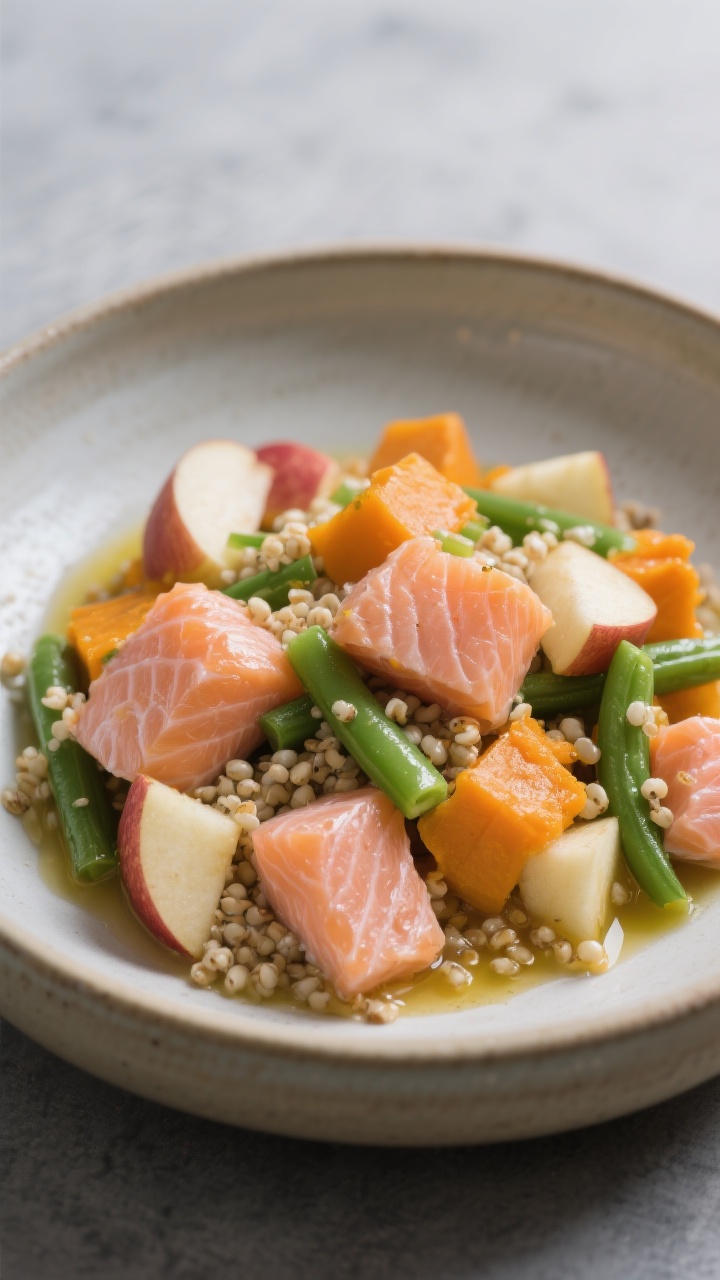 Close-up, plated Apple-Pumpkin Salmon Veggie Mix: flaky pink salmon pieces folded with vivid orange pumpkin purée, tiny dice of peeled apple, finely chopped tender green beans, and pearls of cooked quinoa, finished with a light olive oil sheen and a splash of warm water for looseness. Served in a wide, shallow ceramic bowl on a cool gray surface. Emphasize moist flakes of salmon, contrasting colors and textures, and a polished, health-forward look for shiny-coat appeal.