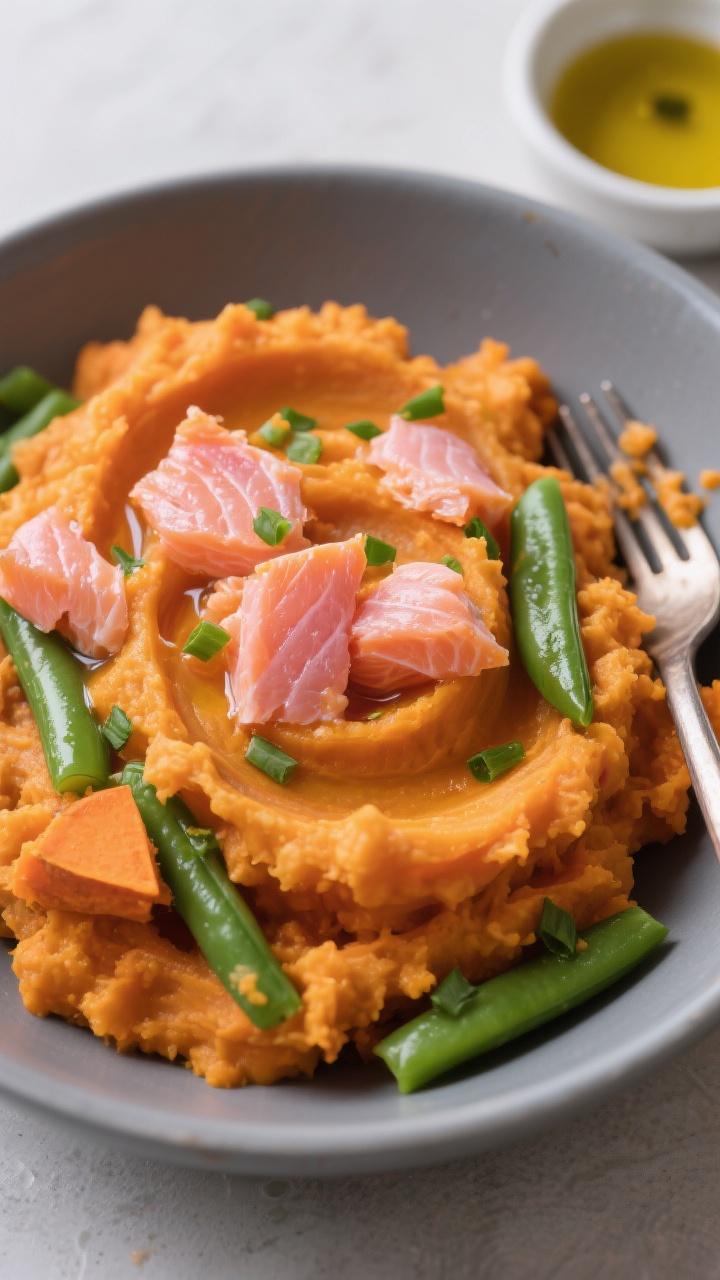 Close-up plated presentation of Pumpkin, Salmon & Sweet Potato Power Mash: a matte gray dog-safe bowl filled with a vibrant mash of orange pumpkin puree and sweet potato swirled with pink flaked salmon (skinless, boneless), glossy finish from a drizzle of salmon oil, and fine green flecks of steamed chopped green beans mixed in; shot straight-on at bowl level to highlight chunky, moist texture and omega-rich sheen; minimal styling with a small side dish of salmon oil and a fork with visible sweet potato mash remnants; colors pop—orange, pink, and fresh green.