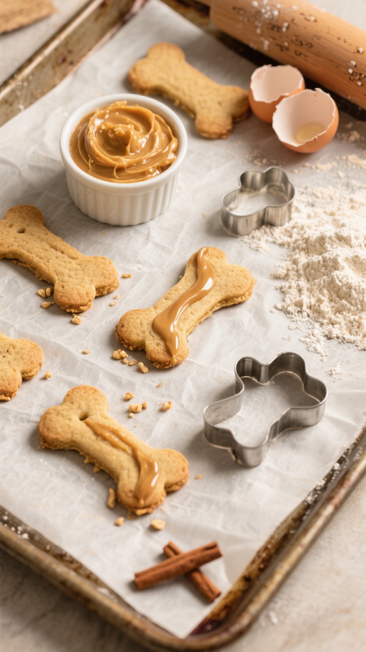 Overhead flat lay of freshly baked crunchy peanut butter dog bone biscuits on parchment-lined baking sheets, golden and firm with a light matte finish, some brushed with a thin glossy swipe of melted peanut butter; include a small bowl of creamy unsalted peanut butter (xylitol-free), a ramekin of unsweetened applesauce, two cracked eggshells, a dusting of whole wheat flour on the surface, a bone-shaped cookie cutter, and a pinch of ground cinnamon; warm kitchen light at 350°F vibe, crisp textures emphasized, shallow crumbs and floured rolling pin in frame, no people.