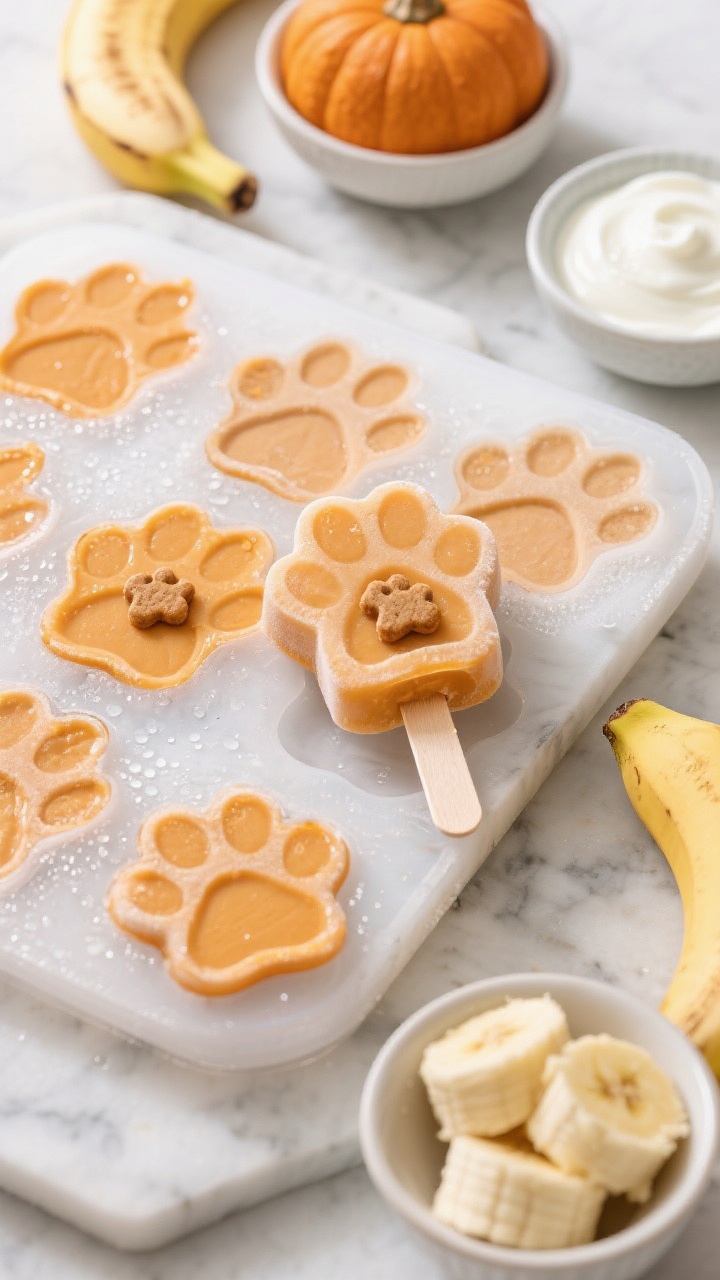 Overhead flat lay of Frozen Pumpkin Pupsicles With Banana: silicone paw-print molds filled with a smooth blend of pumpkin puree, mashed ripe banana, and plain unsweetened yogurt, a few cavities thinned slightly with water for pourable consistency; some molds show a tiny training treat pressed in the center; frosty tray just pulled from freezer with a few released cubes on a chilled marble slab, creamy orange-beige tones, condensation beading; adjacent ingredients in small bowls (pumpkin, mashed banana, yogurt/kefir) emphasize the cooling, summer-treat mood.