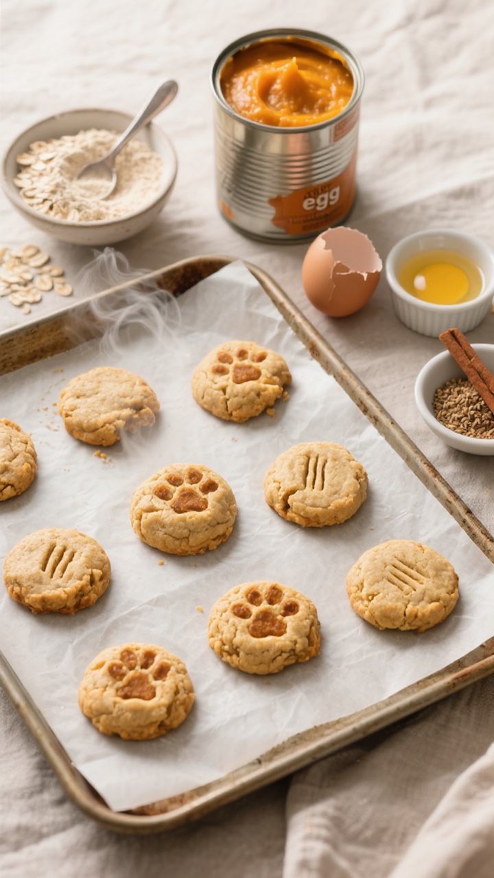 Overhead flat lay of Pumpkin Oat Paw Bites cooling on a parchment-lined baking sheet: 1-inch round, gently flattened cookies with light golden edges, a few with fork marks; visible ingredients styled around the tray—an open can of plain pumpkin puree, a small bowl of oat flour with a spoon, a cracked egg next to a tiny dish of ground flax and water (flax “egg”), melted coconut oil in a ramekin, and a pinch bowl of ground cinnamon. Warm, cozy fall mood with soft directional light, neutral linen, and subtle steam dissipating for a just-baked feel. Professional, crisp texture detail highlighting soft, chewy interiors and light toasty tops.