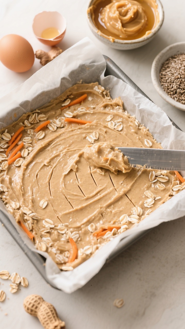 Overhead ingredient-to-pan process shot for chewy oat bars: parchment-lined 8x8-inch pan half-filled with thick batter being spread evenly, batter visibly studded with quick oats, fine oat flour, and finely shredded carrot; nearby bowls hold creamy unsalted peanut butter, honey (and a dish of unsweetened applesauce as an alternative), two cracked eggs, a pinch of ground ginger, and a small dish of ground flax as an optional add-in; scoring marks visible on the surface with a knife; neutral, warm light to emphasize hearty, on-the-go energy-bar vibe.