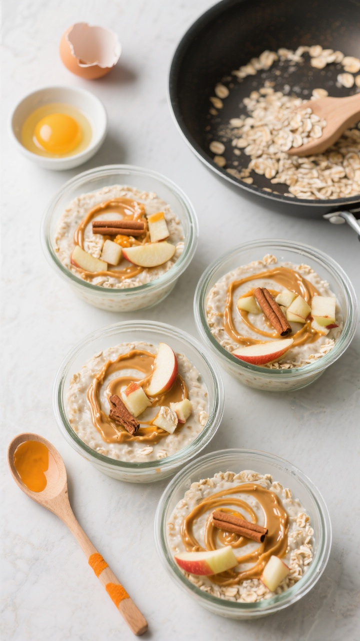 Overhead meal-prep scene for Pumpkin, Apple & Oat Breakfast Bowls: four glass containers filled with creamy oats swirled with pumpkin purée, dotted with finely chopped peeled apple, with a glossy ribbon of xylitol-free peanut butter on top and a whisper of cinnamon. A saucepan with residual oats, a cracked egg shell beside a small bowl showing a lightly beaten egg, and a wooden spoon streaked with orange. Clean, cozy breakfast vibe, warm tones, high detail on oat texture and peanut butter sheen.
