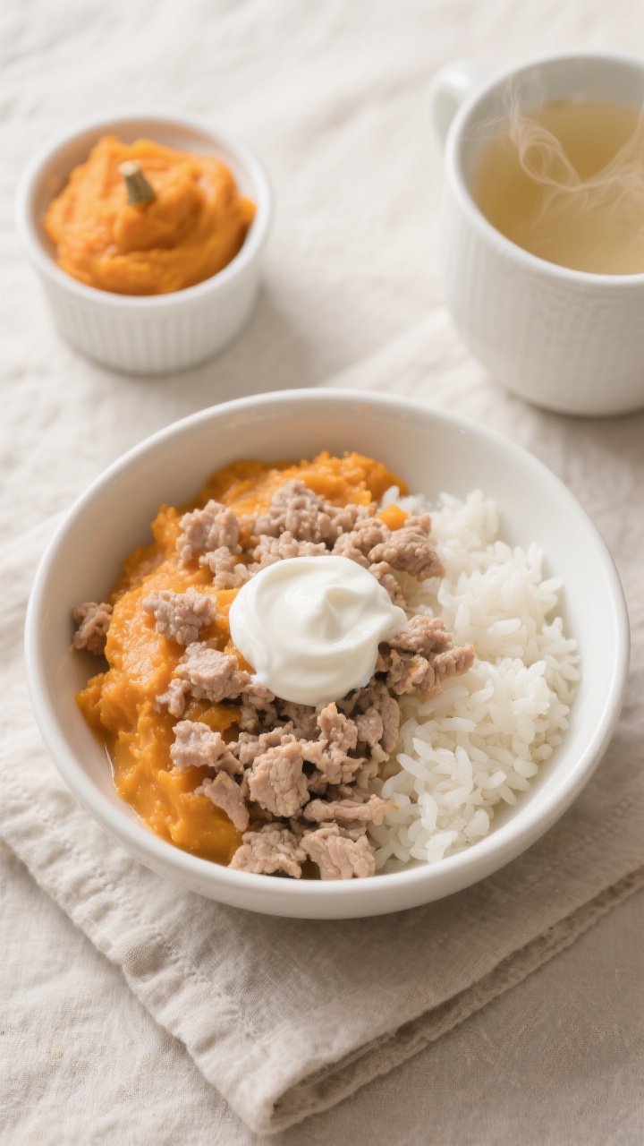 Overhead shot of a Cozy Pumpkin & Turkey Belly-Soothing Bowl styled for dogs: a shallow white ceramic bowl filled with a creamy mix of plain pumpkin puree, lean ground turkey (unseasoned, finely crumbled), and fluffy white rice, topped with a small dollop of plain unsweetened yogurt and a light splashy sheen from low-sodium chicken broth for softness; warm orange and off-white tones, gentle comfort-food mood, set on a neutral linen with a small ramekin of pumpkin puree and a cup of clear low-sodium broth nearby; steam subtly visible, no spices or garnishes, clean and soothing presentation.