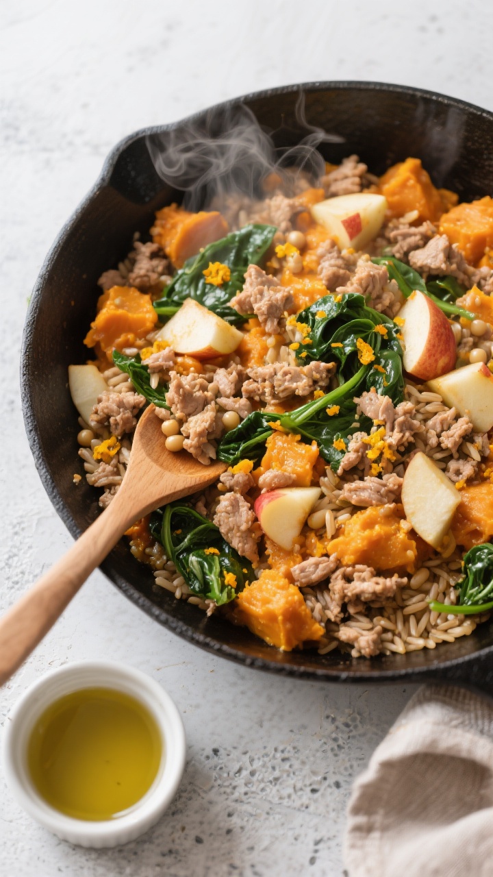 Overhead shot of a one-pan Cozy Pumpkin & Apple Turkey Skillet just off the stove: crumbled lean ground turkey mingled with creamy orange pumpkin purée, finely diced peeled apple, bright green chopped spinach, flecks of turmeric, and pearls of cooked brown rice in a matte black skillet with a wooden spoon. A small ramekin of low-sodium chicken broth and a drizzle of olive oil nearby, steam gently rising, on a light stone surface. Emphasize glossy, cohesive texture with visible turkey crumbles and apple bits; warm, comforting weeknight mood.