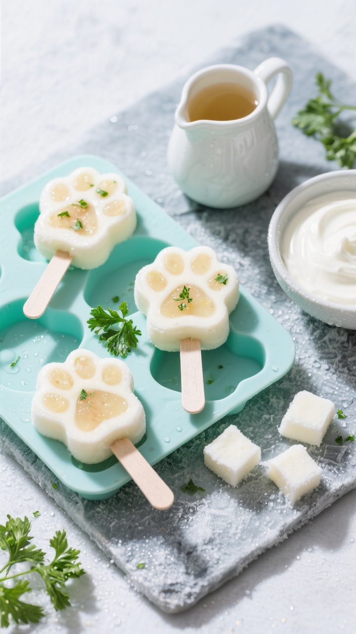Overhead shot of frozen apple yogurt pupsicles in silicone paw and bone molds: creamy pale white pops with a faint applesauce tint and flecks of finely chopped fresh parsley; a small pitcher of low-sodium bone broth/water mix and a bowl of plain unsweetened yogurt off to the side; a few released cubes on a frosty slate with condensation; bright, refreshing summer feel with cool-toned lighting.