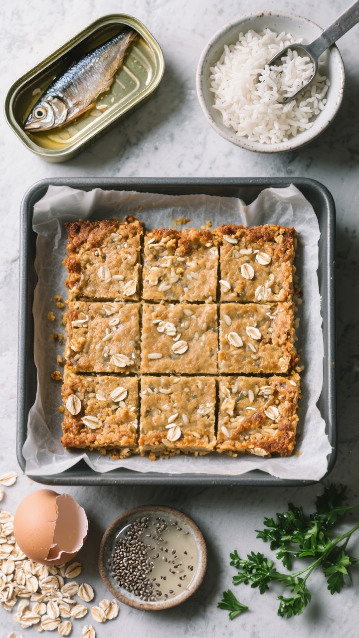 Overhead, tightly composed pan shot of Sardine Crunch Squares: an 8x8-inch parchment-lined pan scored into 1-inch squares, lightly browned and set; rustic surface with visible oats and rice grains embedded in the mixture. Surround with a drained open tin of sardines in water, a bowl of cooked white rice, rolled oats in a scoop, a cracked egg in a small dish (and a separate dish of soaked chia gel as an egg-free option), plus a sprinkle of chopped parsley for a fresh green pop. Cool, crisp lighting to emphasize crunch and savory appeal; no people, pure ingredient focus with pro-grade clarity.
