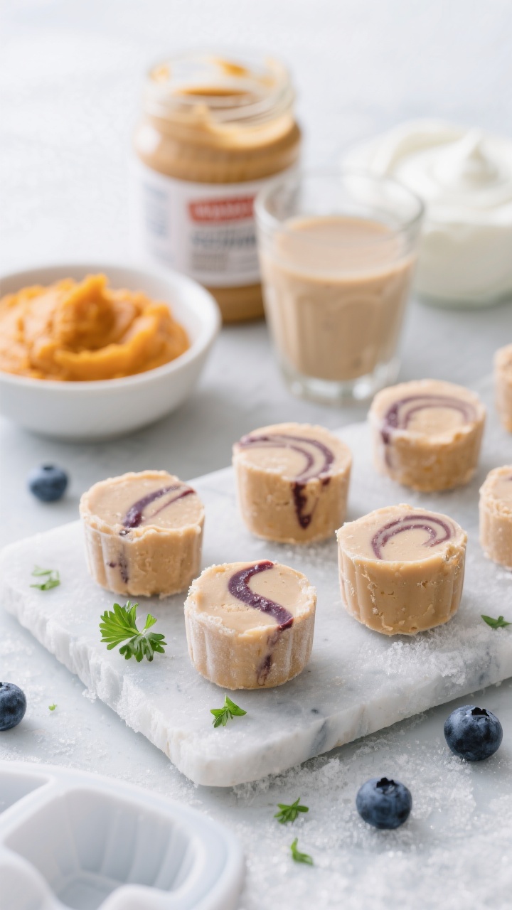 Straight-on close-up of no-bake freezer bites popped from silicone molds onto a frosty slate, creamy pale-tan peanut butter–yogurt–pumpkin treats with a smooth, icy sheen; behind them, ingredients staged: jar of creamy unsalted peanut butter, tub of plain unsweetened Greek yogurt, small bowl of unsweetened pumpkin puree, a glass with low-sodium chicken broth; include a few bites swirled with a ribbon of pureed blueberries and a sprinkle of finely chopped parsley for color contrast; cool, bright lighting to highlight chill, minimal props.