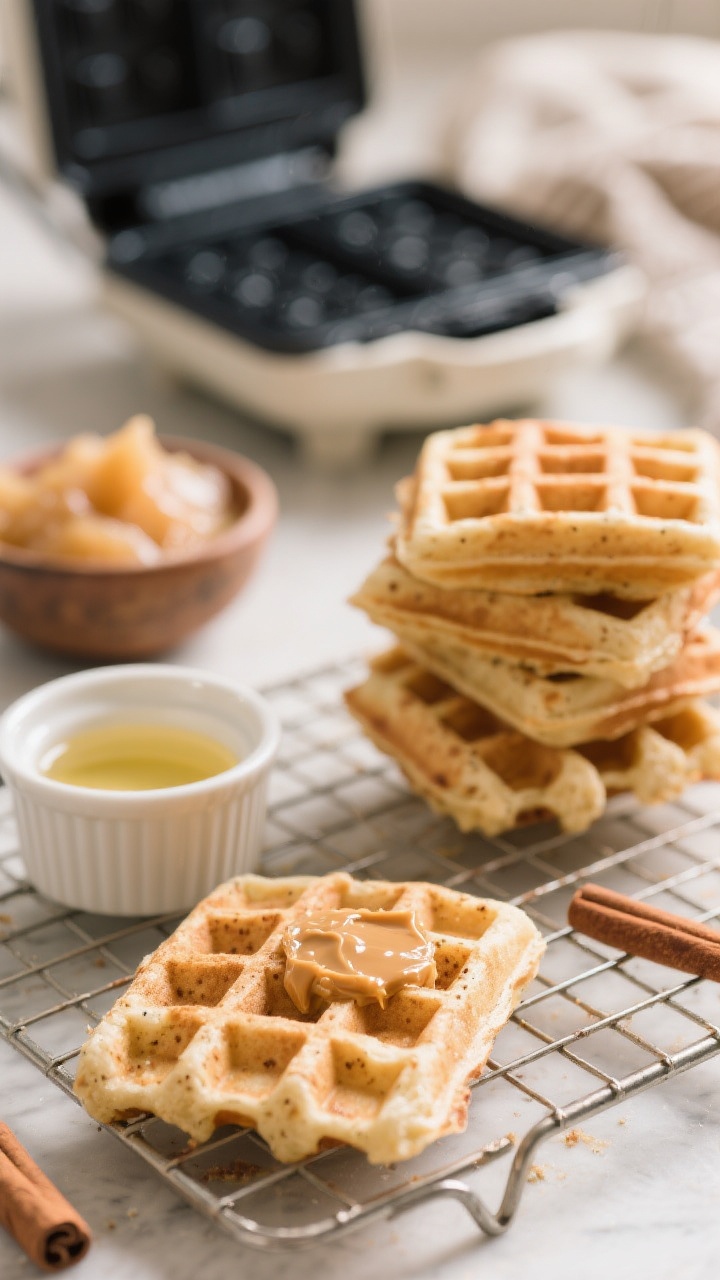 Straight-on hero shot of apple cinnamon pup waffles cooling on a wire rack: fluffy, lightly golden squares with crisp edges, subtle cinnamon speckles; a small ramekin with melted coconut oil and a bowl of unsweetened applesauce nearby; stack of waffles cut into bite-size squares in the foreground with a tiny smear of natural peanut butter on one piece; waffle iron in soft blur behind; cozy weekend morning vibe, gentle directional light highlighting the grid texture.