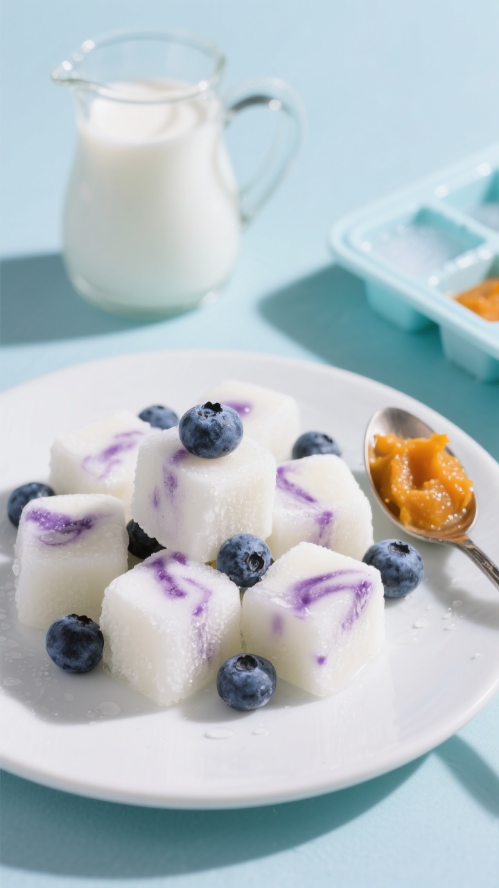Straight-on plated presentation of Coconut Blueberry Frozen Nibbles: frosty, glossy cubes popped from silicone molds, pale creamy white with suspended whole and lightly crushed blueberries bleeding violet swirls; faint condensation for an icy, refreshing look. In the scene: a small pitcher of unsweetened coconut milk, a spoonful of pumpkin puree (or applesauce) showing the mixture’s body, and the empty ice cube tray off to the side. Bright, summery vibe with high-key lighting, cool background tones, and sharp focus highlighting smooth, icy texture and jewel-like blueberry color.