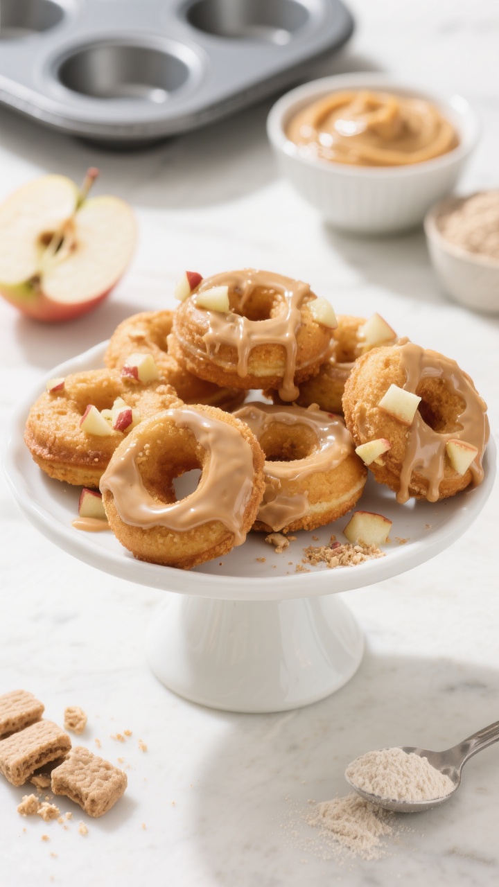 Straight-on plated presentation of mini apple–peanut pup donuts on a white cake stand: soft, golden-brown mini donuts with a tender crumb, lightly speckled with tiny diced apple; some drizzled with a glossy “glaze” of peanut butter mixed with plain yogurt and finished with a delicate sprinkle of crushed plain dog biscuits; include a mini donut pan in the background, a bowl of creamy unsalted peanut butter, unsweetened applesauce, a small pile of whole wheat pastry flour, and a teaspoon of baking powder; bright, boutique-bakery styling with clean lines and natural daylight.
