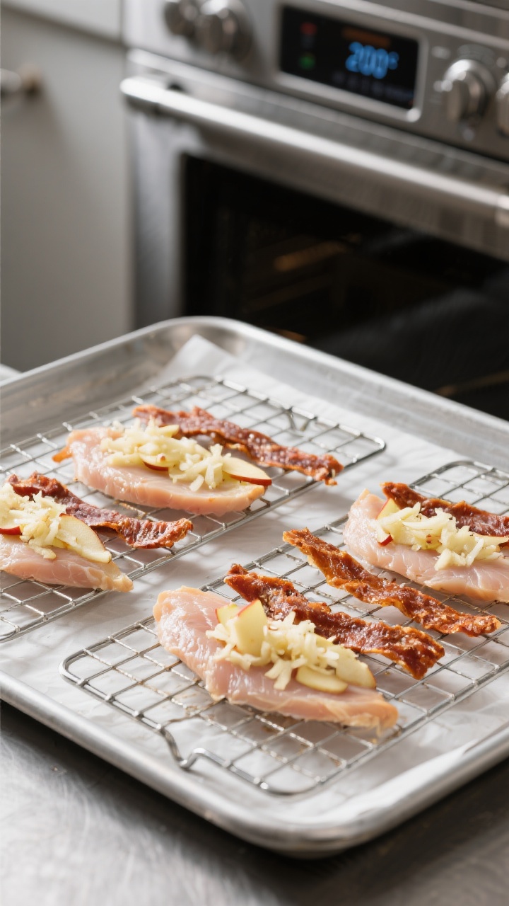 Straight-on process shot of two-ingredient apple chicken jerky strips on wire racks over parchment-lined baking sheets: very thin chicken breast slices with finely grated apple pressed onto one side, arranged neatly; oven set to 200°F visible in the background blur; dried, leathery finish on some pieces and raw-to-drying transition on others; minimal styling, clean stainless backdrop, crisp light accentuating the chewy jerky texture.
