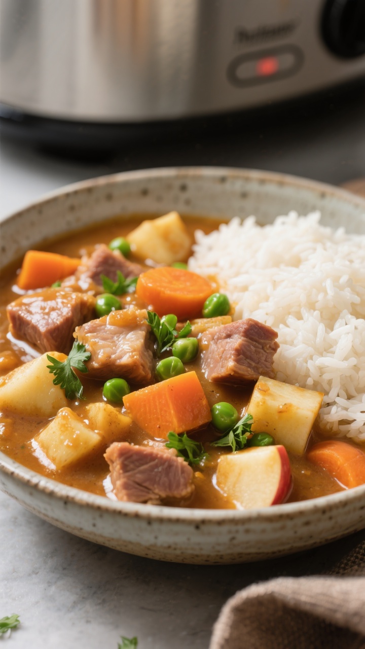 Straight-on shot of a Slow-Cooker Pork, Pumpkin & Apple Stew ladled into a rustic bowl: tender 1/2-inch cubes of pork in a thick pumpkin-based gravy, visible diced apple, soft carrots, bright green peas added at the end, and a sprinkle of chopped fresh parsley. A side mound of plain cooked rice ready to be mixed in, with the slow cooker in soft focus behind. Rich, hearty, set-it-and-forget-it comfort mood; emphasize glossy stew surface and chunk definition.