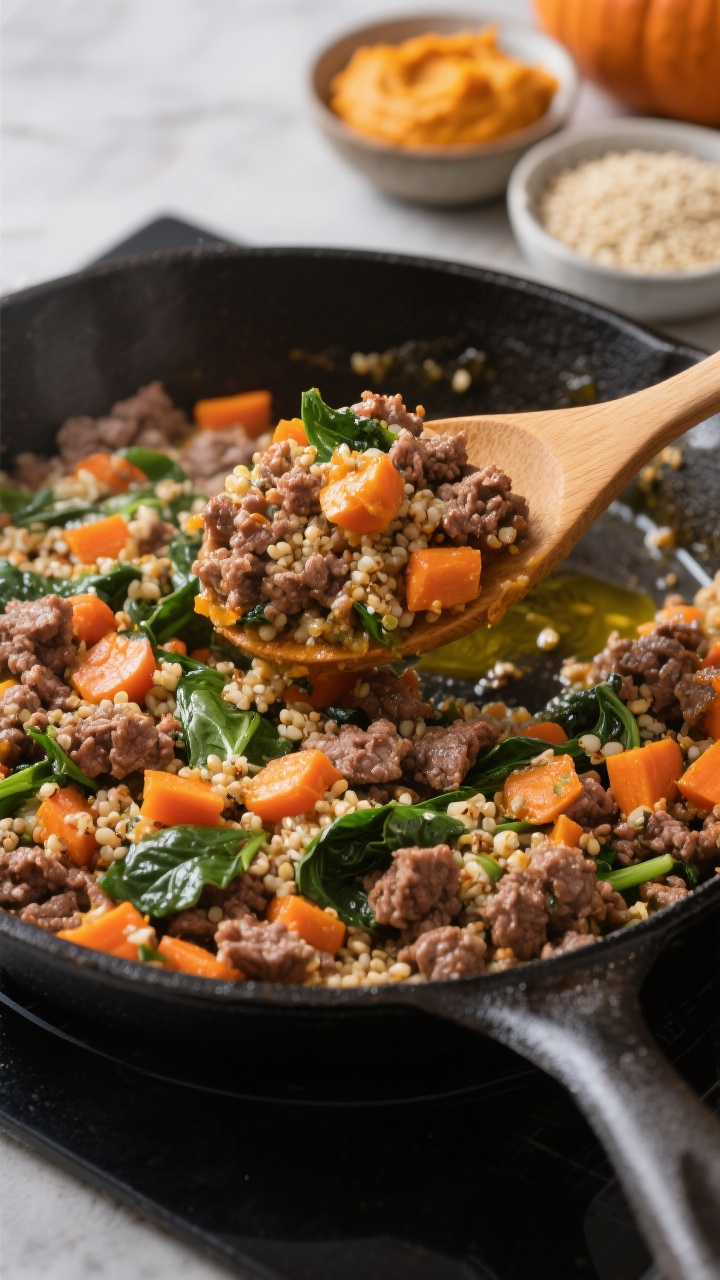 Straight-on skillet shot of Hearty Pumpkin & Beef Veggie Skillet: a black nonstick skillet on the stovetop with lean ground beef (90%+, drained) mixed with finely chopped steamed carrots, cooked quinoa, and wilted spinach, all folded together with pumpkin puree until coated; a light gloss from olive oil, vibrant orange bind tying ingredients; a wooden spatula lifting a hearty scoop to showcase chunky texture; background includes small bowls of pumpkin puree and quinoa; appetizing, weeknight-cozy vibe with clean, spice-free styling.