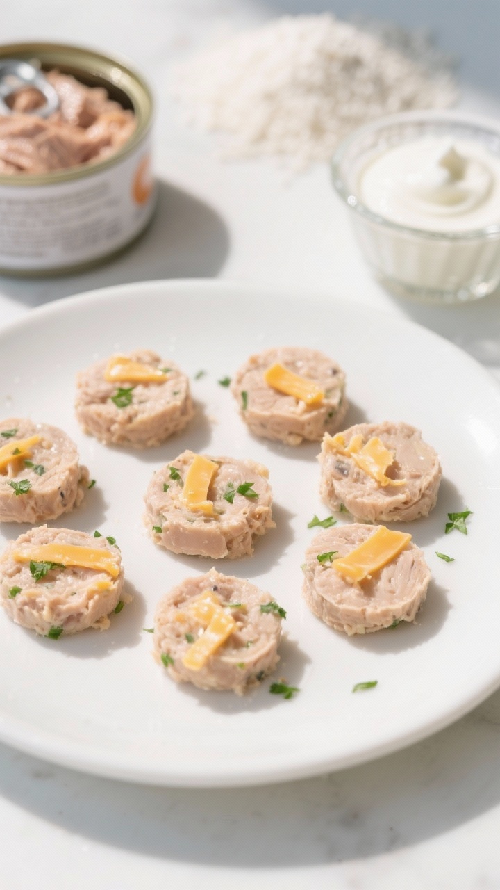 45-degree angle close-up of Tuna & Cheddar Soft Nibbles arranged as 1/2-inch pressed discs on a white ceramic plate, glossy-soft and just set without browning; tiny shreds of mild cheddar peeking through flecks of cat-safe dried parsley; in the background slightly out of focus: an open drained tuna can, a dollop of plain Greek yogurt in a glass ramekin, and a dusting of rice flour; cool daylight for a clean, ultra-fragrant vibe; minimal styling, crisp edges, high detail on moist texture.