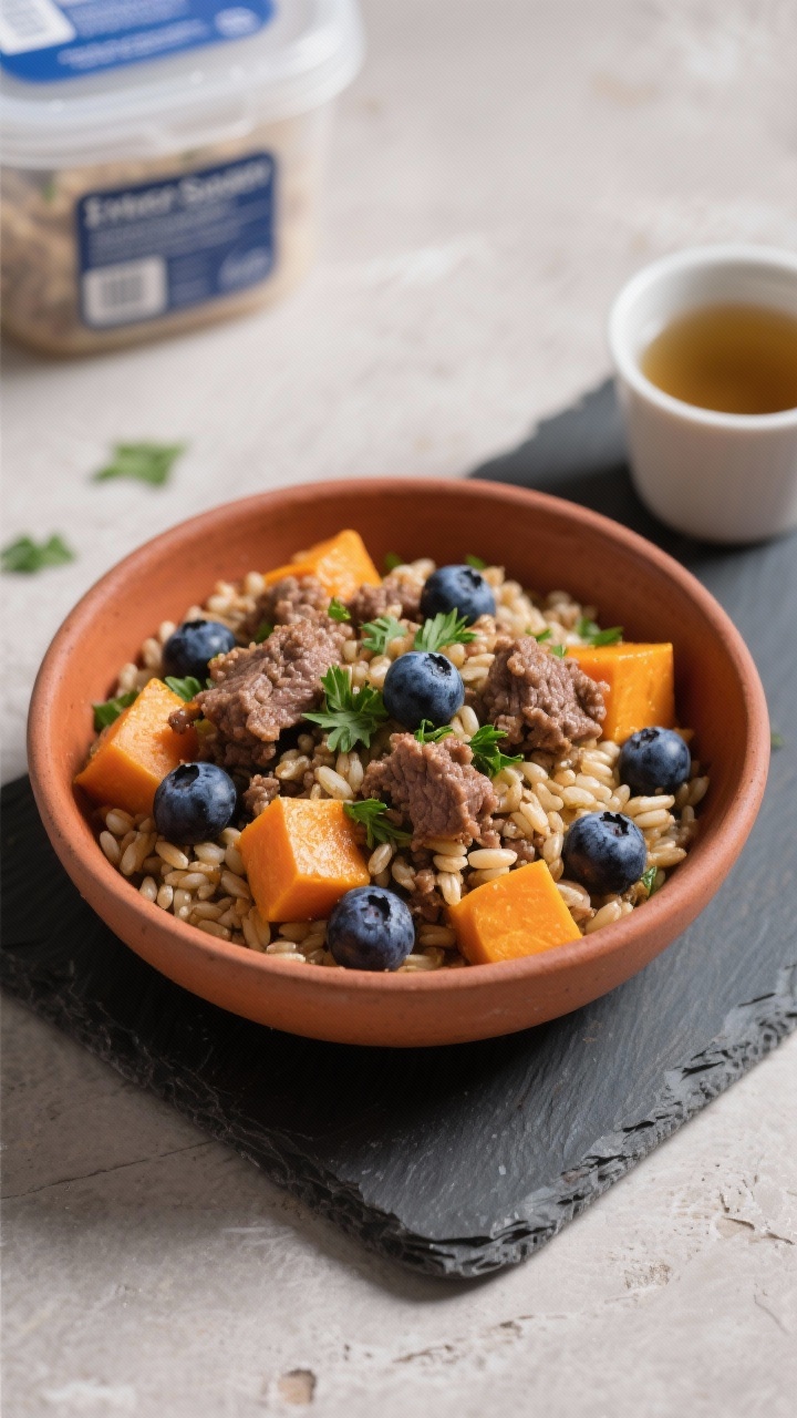 45-degree angle cozy bowl of lamb, barley, and blueberry supper: savory ground lamb mingled with tender pearl barley, orange cubes of butternut squash, bursts of glossy blueberries, and a sprinkle of dried parsley. Presented in a warm-toned ceramic bowl on a slate board, with a small cup of low-sodium broth and labeled freezer tubs behind; rich, aromatic, slightly rustic feel emphasizing chewy grains and juicy berry pops.