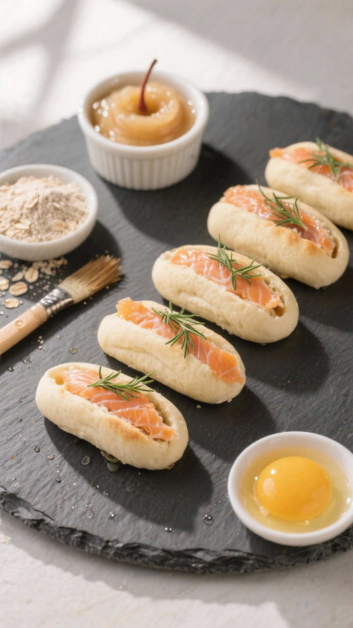 45-degree angle plated presentation of Salmon & Oat Soft Rolls shaped like short pill forms (about 3/4 inch long), arranged in a tidy line on a matte slate plate; delicate flakes of cooked salmon visible through the soft oat dough, with a whisper of dried dill on top; a small brush with droplets suggests the post-bake warm-water gloss; supporting props: a ramekin of unsweetened applesauce, oat flour dusted lightly, a pinch bowl of finely ground flaxseed, and an egg yolk in a tiny dish; bright, fresh seafood-deli aroma mood, natural window light.