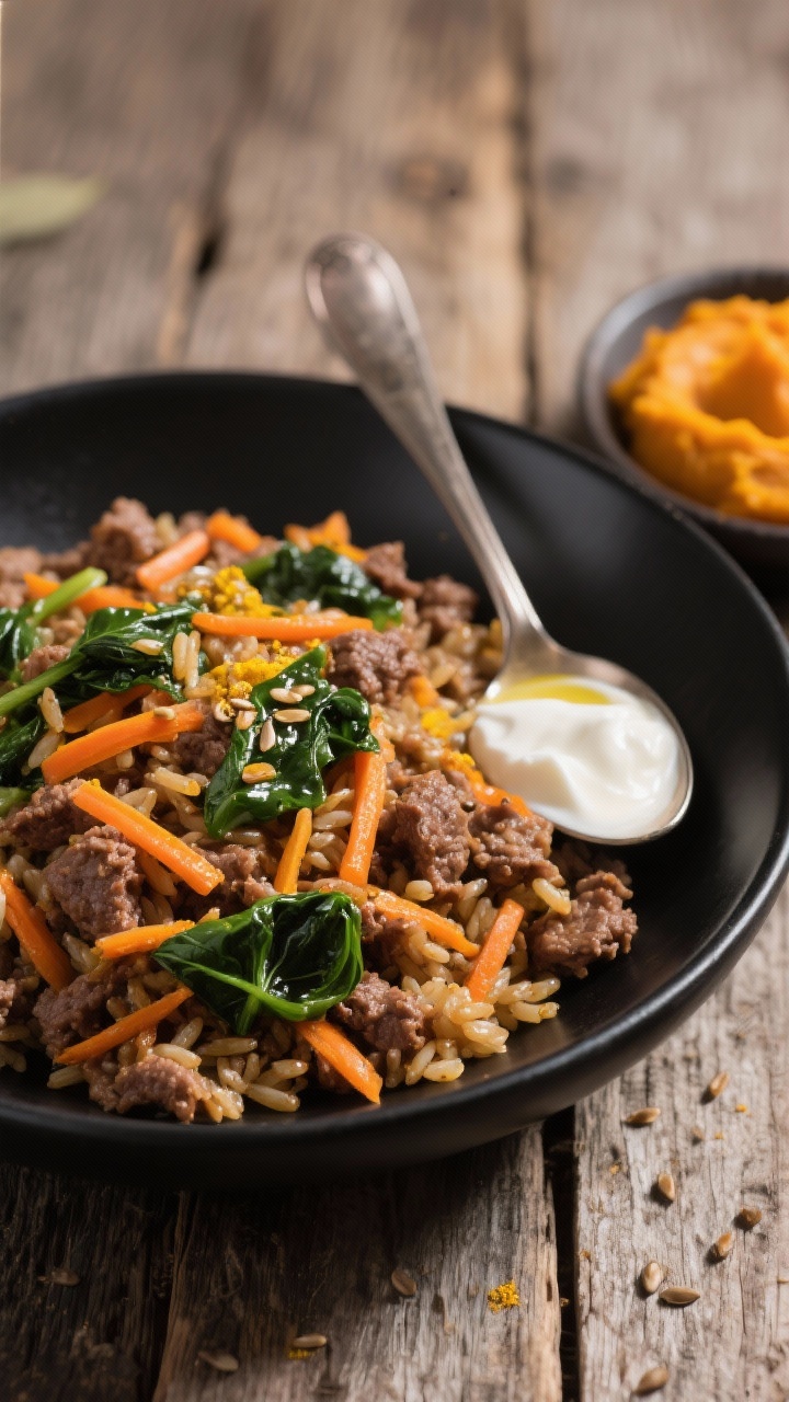 45-degree angle plated presentation of the beefy brown rice and carrot mix: lean ground beef folded with nutty brown rice, orange ribbons of grated carrot, and wilted spinach, dusted lightly with turmeric for golden warmth, finished with a glossy drizzle of flaxseed oil. Served in a matte black bowl on a rustic wooden surface, a spoonful of plain unsweetened yogurt on the side and a small dish of pumpkin puree nearby; sharp focus on texture and hearty, satisfying appeal.