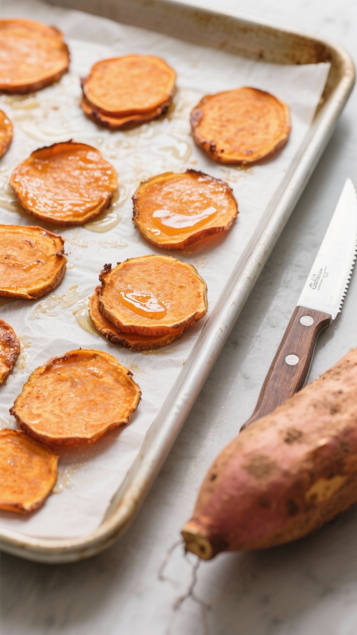 45-degree angle shot of baked Sweet Potato Coins cooling on a parchment-lined baking sheet: thin 1/8–1/4-inch rounds with crisp, curled edges and warm orange hues, lightly glossy from optional coconut oil. Include a serrated knife and a raw scrubbed sweet potato at the side to hint at the single-ingredient simplicity. Clean, cozy kitchen vibe with gentle fall warmth; focus on crunchy texture and even spacing across the tray.
