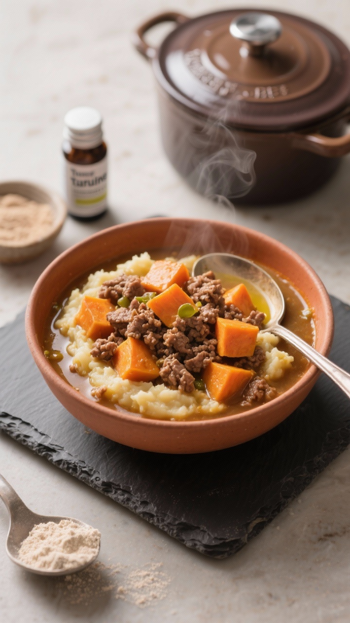 45-degree cozy bowl shot of the No-Fuss Beef & Sweet Potato Stew: a thick, spoonable mash with tender crumbles of lean ground beef and small cubes of very soft sweet potato, lightly mashed into a hearty stew, glossy from a touch of olive oil and broth. Serve in a warm-toned ceramic bowl on a slate board with a small pot in the background, lid ajar with gentle steam. Include minimal props: a tiny bottle of taurine supplement and a dish of calcium powder to indicate fortification. Rich, inviting lighting highlighting the orange sweet potato against the beef, meal-prep vibe without clutter.