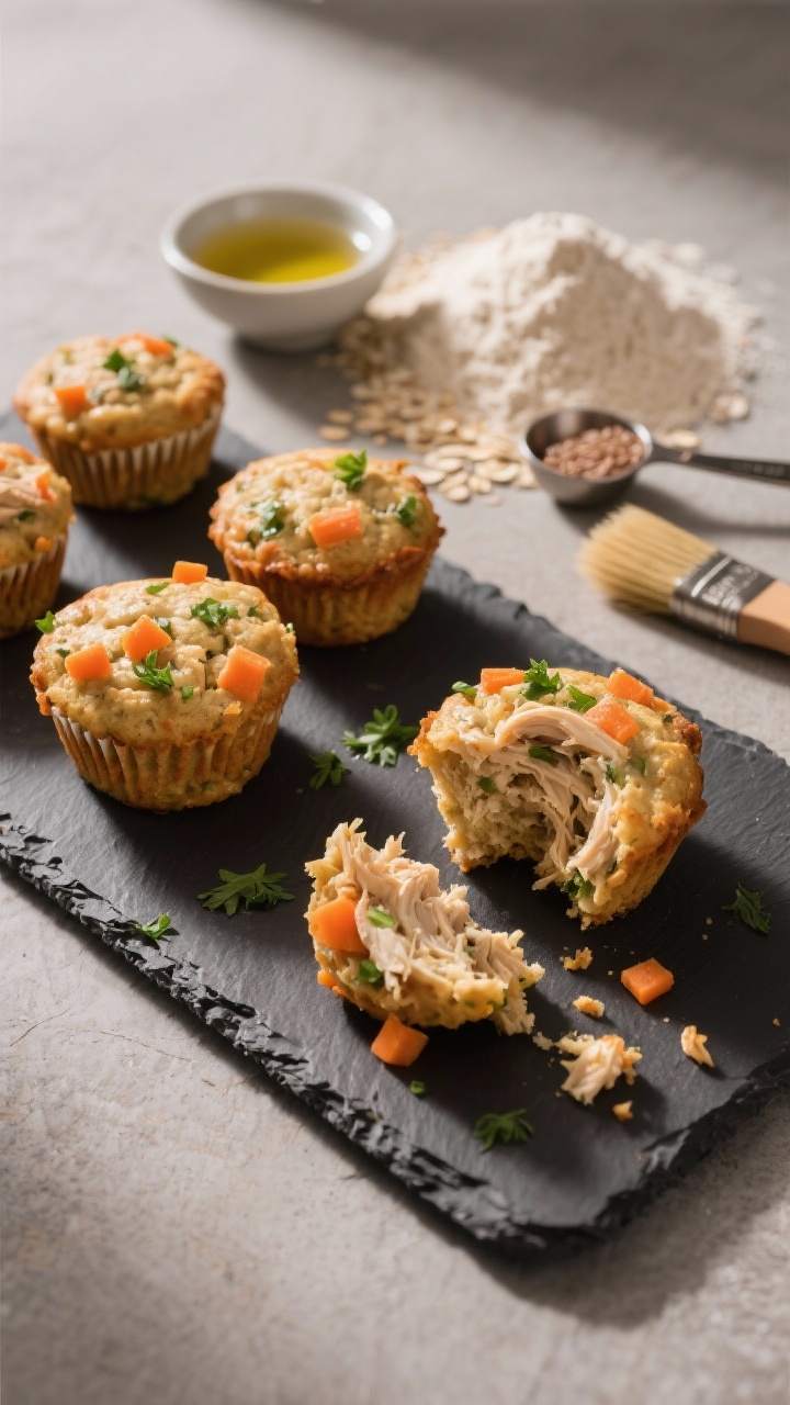 45-degree plated presentation of Savory Chicken & Carrot Training Muffins on a slate board, small protein-packed minis with visibly shredded chicken, fine orange flecks of carrot, and green pops of chopped parsley; one muffin torn into training-sized bits to show firm, meaty interior; props include a small bowl of low-sodium chicken broth, a pile of oat flour and brown rice flour in measuring spoons, and a brush of olive oil sheen; warm, directional light for hearty, savory appeal, no people, hero focus on texture and protein richness.