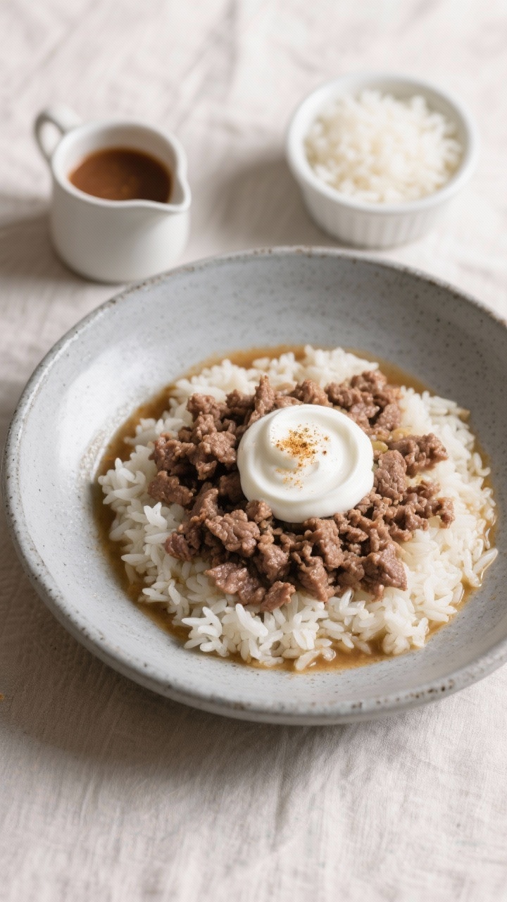 45-degree plated presentation of the Beef & Rice Comfort Bowl for picky eaters: a shallow gray stoneware dish holding moist, tender crumbles of lean ground beef mixed with extra-soft white rice, glistening with a touch of broth. A dollop swirl of plain unsweetened yogurt folded in at the center, with a tiny sprinkle of vet-approved multivitamin powder subtly dusted along the edge. Include a small pourer with low-sodium beef broth and a side ramekin of very soft rice to hint at texture. Soft, homey lighting and pale linen backdrop to emphasize comfort and gentleness.