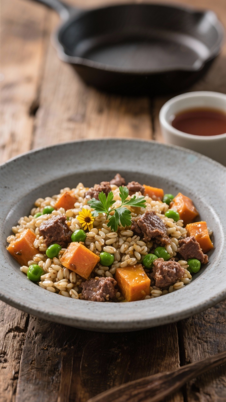 45-degree plated shot of Beef, Barley & Sweet Potato “Sunday Supper”: hearty pearl barley mingled with lean ground beef, tender cubes of sweet potato, pops of green peas, and a glossy finish from sunflower oil; a sprinkle of dried parsley on top. Serve in a matte gray stoneware bowl on a rustic wooden table, with a small cup of low-sodium beef broth and a cooling skillet in the background. Warm, cozy tones, soft side light, visible chew of barley and caramelized beef bits, appetizing shine without excess grease.