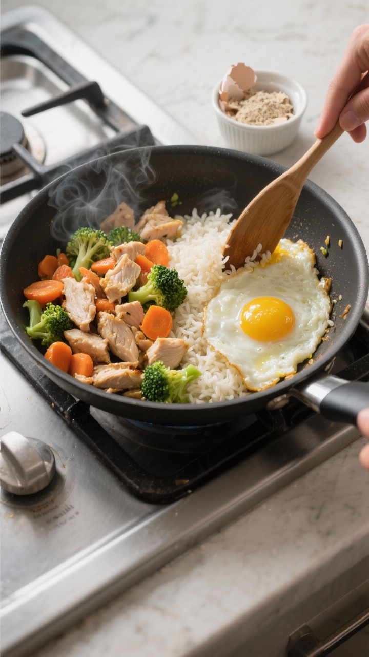 Action-in-pan process shot at 45 degrees for Chicken and Egg Muscle Builder: a nonstick skillet showing finely chopped cooked chicken thighs with tender-crisp carrots and broccoli on one side and just-set scrambled eggs on the other, being folded together with fluffy basmati rice; light gloss from olive/canola oil, steam visible. A small ramekin of crushed eggshell powder/canine calcium waiting off to the side to be stirred in after cooling; clean stovetop setting, vivid colors, no people.