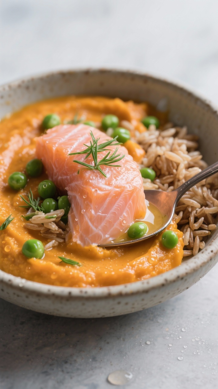 Close-up beauty shot of the Salmon and Pumpkin Shine Bowl: flaky pink salmon folded into silky orange pumpkin purée, dotted with bright green peas and spoonfuls of tender brown rice; a soft sheen from melted coconut oil and a whisper of finely chopped dill. Shot straight-on in a small stoneware bowl with a spoon creating a glossy swoop, a tiny splash of water beading on the surface for luscious texture, cool-toned background to emphasize coat-shine theme, no people.