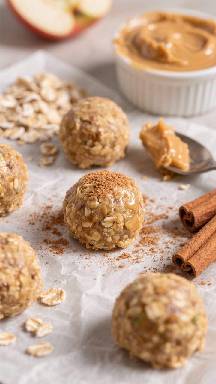 Close-up macro of Apple Cinnamon No-Bake Oat Balls on parchment: 3/4-inch round bites with visible quick oats, a subtle cinnamon dusting, and a gentle sheen from applesauce and natural peanut butter. Include a small dish of unsweetened applesauce, a spoonful of peanut butter (xylitol-free), a pinch of ground cinnamon, and a ramekin of crushed freeze-dried apple pieces for optional rolling. Cozy bakery vibe with warm tones and appetizing, hand-rolled texture.