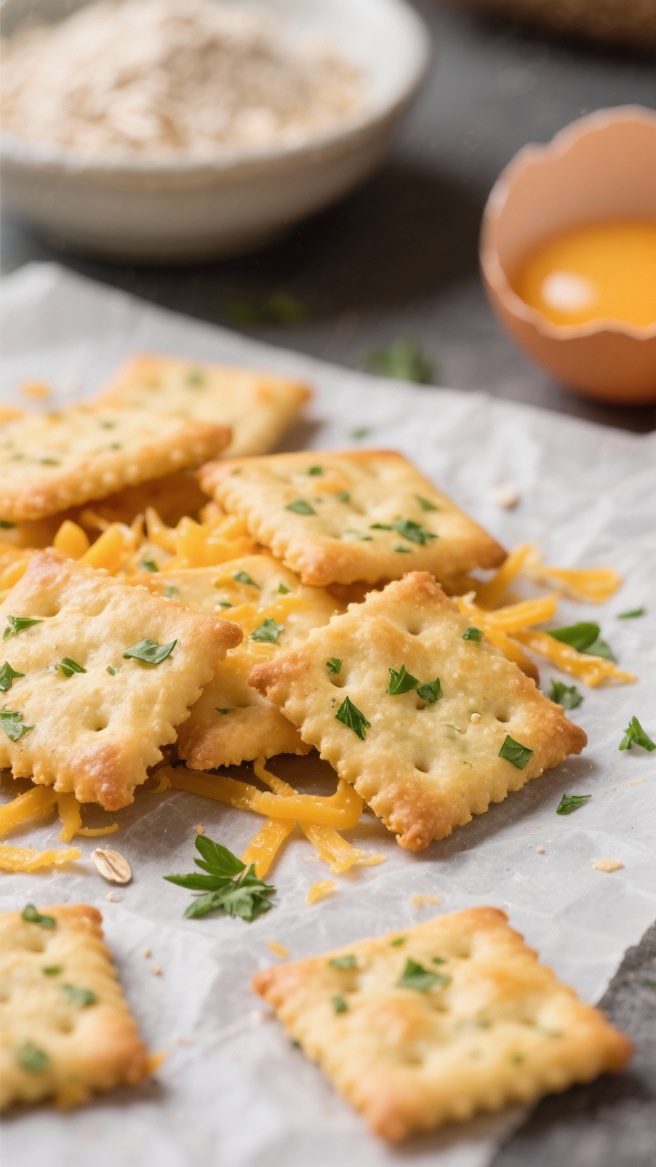 Close-up macro of crisp cheddar parsley crunchers just out of the oven, emphasizing the golden edges, tiny green flecks of finely chopped fresh parsley, and melted-shredded low-moisture cheddar woven into the surface; small square crackers scattered on parchment with a few turned over to show even bake, a bowl of oat flour and a cracked egg in the background blur; clean, savory, snackable energy; 45-degree hero shot with shallow depth of field, professional contrast, crunchy texture highlighted.