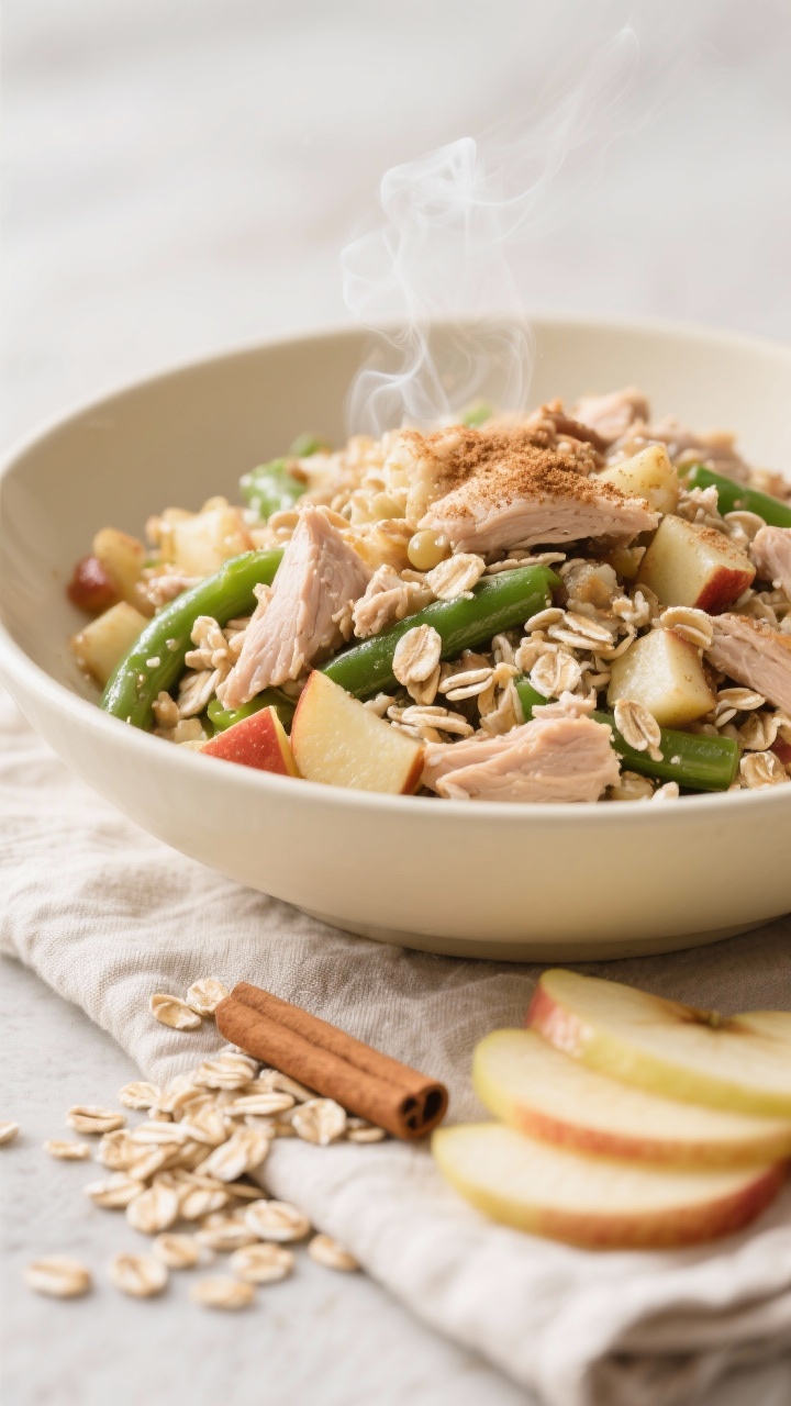 Close-up macro of Turkey, Oats & Apple Harvest Hash in a cream-colored bowl: creamy old-fashioned rolled oats folded with crumbled lean turkey, tiny pearls of diced apple, and finely chopped green beans; a delicate dusting of ground cinnamon and a final glisten from flaxseed oil. Capture steam wisps, visible oat creaminess and turkey crumbles, with a small pile of peeled apple slices and uncooked oats scattered on a linen napkin. Bright, fall-kitchen vibe with neutral background, shallow depth of field emphasizing texture.