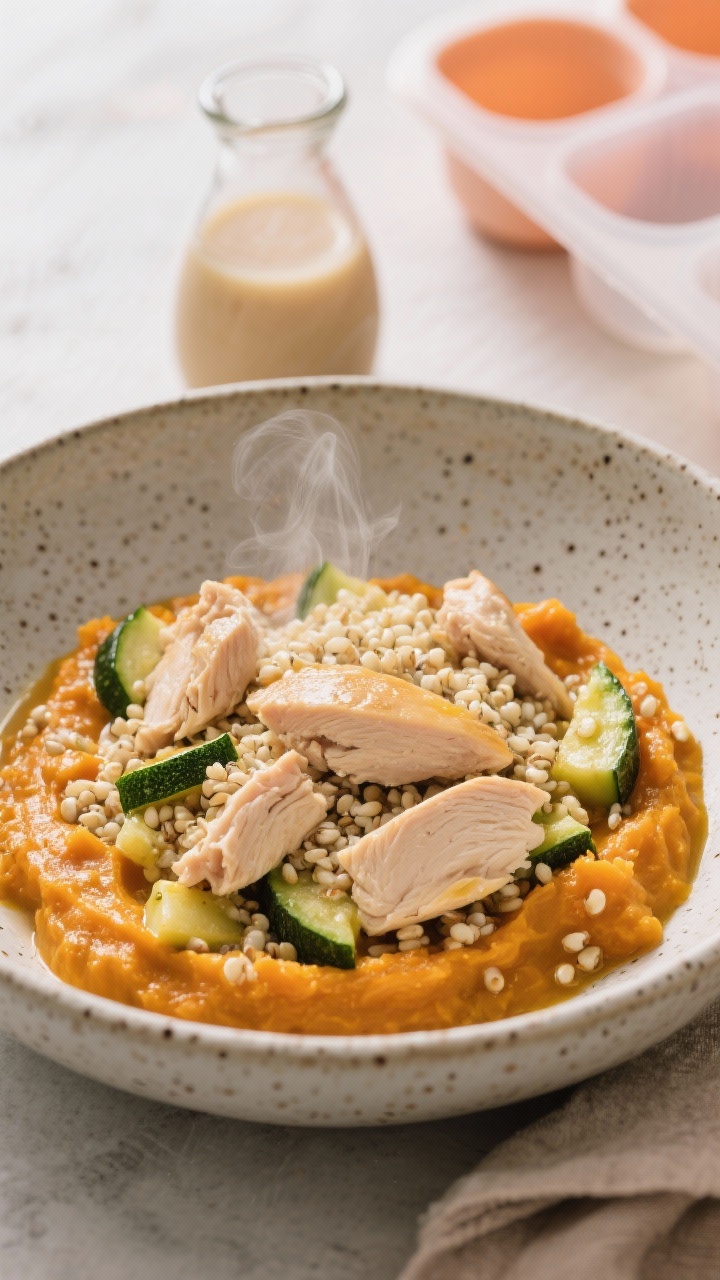 Close-up, straight-on shot of chicken, quinoa, and pumpkin belly-soother in a speckled stoneware bowl: tender chopped chicken thighs, pearly quinoa, silky pumpkin puree giving a warm amber hue, and soft green zucchini pieces, all bound with a gentle sheen from coconut oil. Gentle steam visible, with a small carafe of low-sodium chicken broth and silicone meal-prep molds in the background; calming, light, easily digestible mood.