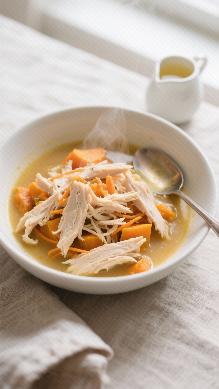 Cozy Chicken & Pumpkin Comfort Bowl — overhead plated shot: A shallow white ceramic bowl filled with finely shredded poached chicken gently folded into a silky pumpkin-chicken broth mixture, hints of mashed carrot threads visible, a soft, moist, pâté-like texture with a light olive oil sheen; served slightly warm with gentle steam, extra low-sodium chicken broth in a tiny pourer nearby; palette of pale ivory chicken, warm orange pumpkin, and soft carrot; styled on a neutral linen with a small spoon, no garnishes beyond the ingredients, cozy convalescent mood, bright natural window light