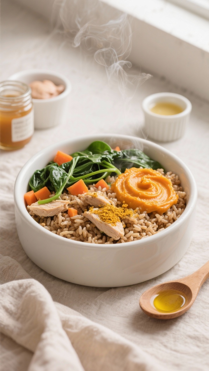 Overhead flat lay of a warm Chicken & Brown Rice Bowl for sensitive tummies in a shallow white ceramic dog bowl: fluffy brown rice folded with ground chicken, ribbons of wilted spinach, finely diced carrot, and a swirl of bright orange pumpkin purée; a subtle golden dusting of turmeric; steam gently rising. Style with a small ramekin of extra pumpkin, a jar of low-sodium chicken broth, and a wooden spoon with olive oil sheen on a soft neutral linen. Clean, soothing palette of warm tans, greens, and orange, gentle natural window light, minimal props, crisp focus on comforting textures.