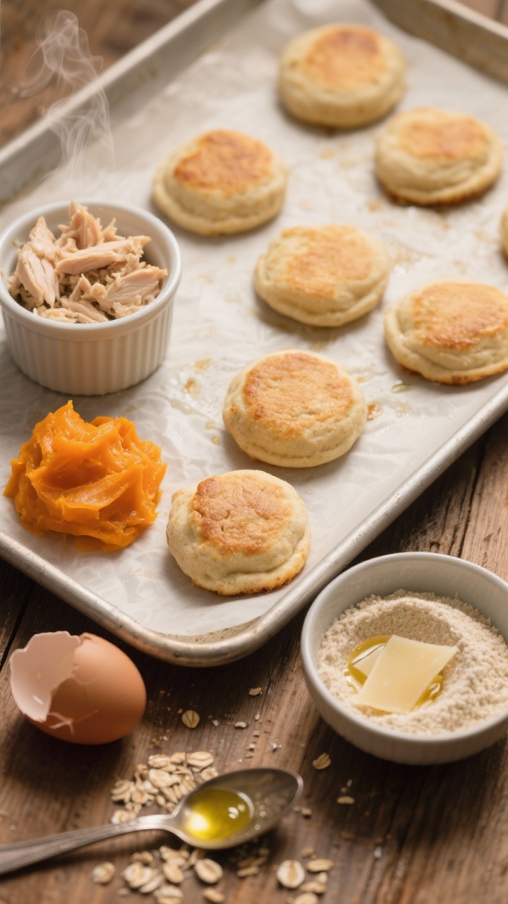 Overhead flat lay of Chicken & Pumpkin Pillow Bites fresh from the oven on a parchment-lined small baking sheet, evenly spaced 1/4-inch thick soft discs with a tender matte surface; visible ingredients styled around the tray: a ramekin of finely minced cooked chicken breast, a small mound of bright orange canned pumpkin (plain), a cracked large egg, oat flour in a pinch bowl, a tiny heap of finely grated Parmesan, and a teaspoon of olive oil with a few water drops; warm neutral light, light steam barely visible, rustic wood surface, cozy, gentle-for-sensitive-tummies mood, professional soft-focus background.