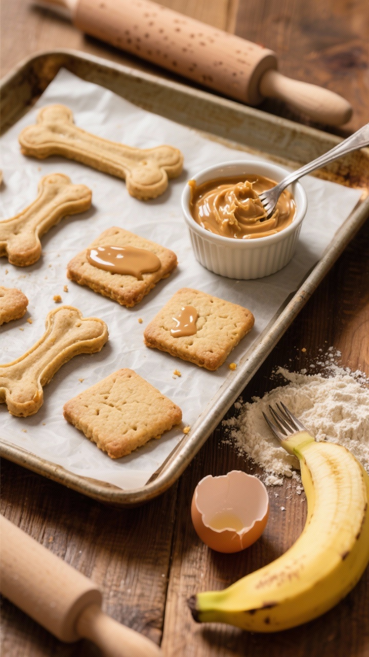 Overhead flat lay of freshly baked peanut butter banana dog bone treats on a parchment-lined baking sheet, styled on a warm wooden surface; visible bone- and square-shaped cookies with lightly golden edges, a small ramekin with natural peanut butter (no xylitol) and a smear drizzle on a few treats, a mashed ripe banana in a bowl with a fork, a cracked egg shell nearby, and a dusting of whole wheat flour on the rolling pin; soft, slightly chewy texture emphasized, cozy home-baked mood, 350°F oven warmth, professional lighting with gentle shadows.