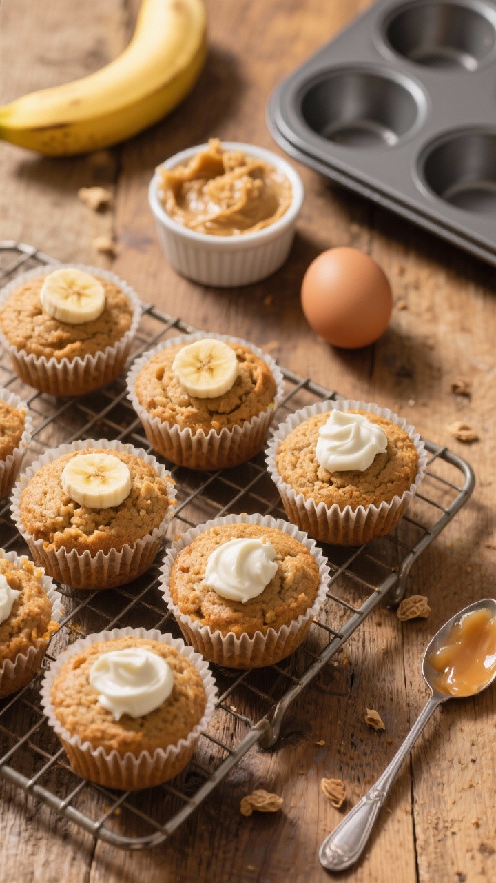 Overhead flat lay of mini Peanut Butter Banana Pupcakes cooling on a wire rack, lightly golden tops with a tiny dollop of plain Greek yogurt “frosting” on a few, visible texture from mashed banana and whole wheat flour; include a small bowl of unsalted xylitol-free peanut butter, a ripe banana (half mashed in a ramekin), an egg, and a spoon with applesauce nearby; styled on a warm wood surface with a mini muffin tin and parchment liners in frame; natural morning light, soft shadows, cozy, wholesome vibe.