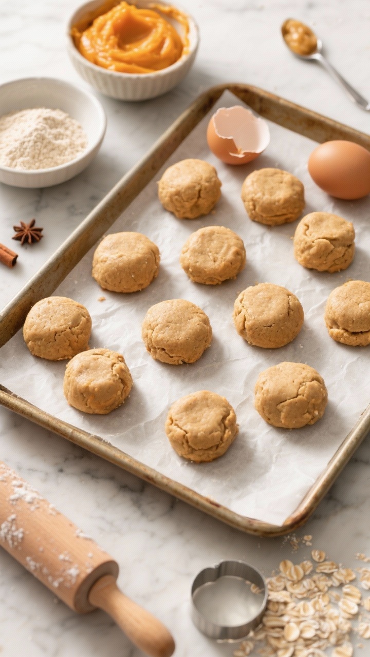 Overhead flat lay of Plush Peanut Butter Pumpkin Bites just out of the oven on a parchment-lined baking sheet: small round, 1/2-inch thick, soft pillow-like treats with a tender, matte surface. Surround with key ingredients styled in small bowls: creamy unsalted xylitol-free peanut butter, bright orange pure pumpkin puree, a cracked egg shell beside a whole egg, oat flour dusted lightly, a spoonful of unsweetened applesauce, and a pinch of ground cinnamon. Include a wooden rolling pin, mini round cookie cutter, and a light sprinkle of oat flour on the marble surface. Warm, cozy lighting emphasizing the soft, set-but-gentle texture.