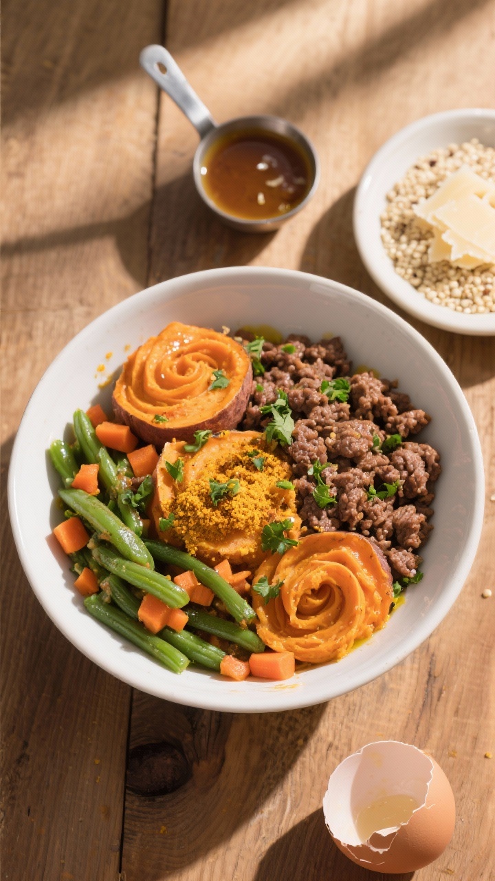 Overhead flat lay of the Beefy Sweet Potato Power Bowl: a wide white ceramic bowl filled with crumbled lean ground beef, mashed orange sweet potato swirls, chopped green beans, finely diced carrots, and glossy ribbons from a drizzle of olive oil, lightly speckled with ground turmeric and fresh chopped parsley; a small ladle of low-sodium beef broth pooled for sheen; a raw egg shell off to the side implying the residual-heat stir-in. Style on a warm wooden surface with a small dish of grated Parmesan and a side scoop of plain cooked quinoa, natural window light, crisp textures, no people.