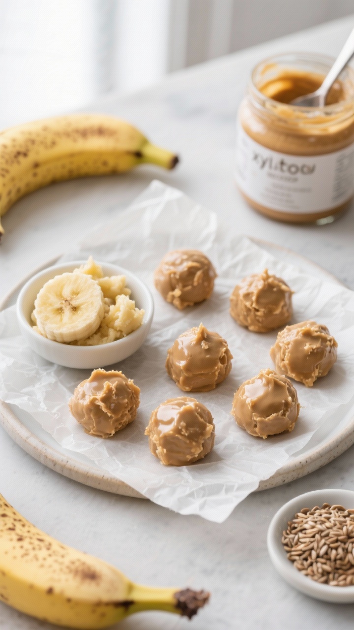 Overhead flat lay of Two-Ingredient Peanut Butter Banana Bites on a parchment-lined plate: small 1-teaspoon mounds and neatly rolled bite-size balls, chilled with a subtle sheen. Include a small bowl of mashed ripe banana (soft, speckled yellow), a jar spooned with natural xylitol-free peanut butter, and a pinch dish of ground flaxseed as an optional add-on. Cool, neutral backdrop, soft window light, minimal props; emphasize creamy, slightly sweet texture and easy portioning for training treats.